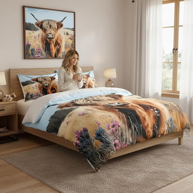 Highland Cow Comforter Set Full Size,Rustic Bedding Set for Children,Hoilday Decor Down Alternative Comforter with 2 Pillowcases/79 * 90