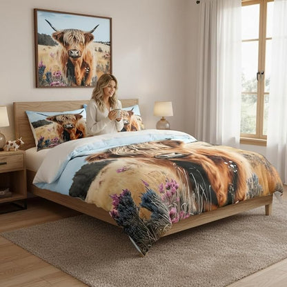 Highland Cow Comforter Set Full Size,Rustic Bedding Set for Children,Hoilday Decor Down Alternative Comforter with 2 Pillowcases/79 * 90