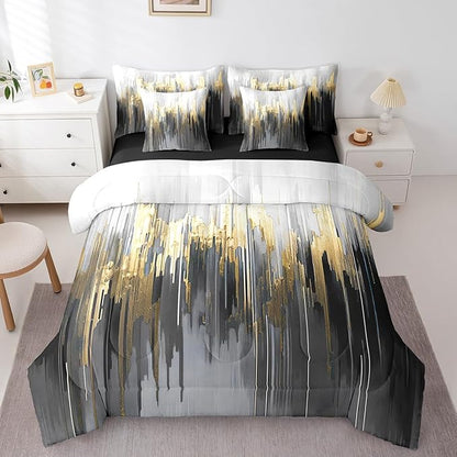 Black Grey Bedding King Size 7-Piece Greyish White Painting Comforter Set, Gradient Abstract Chic Vintage Bedding Comforter Sets Ombre Graffiti Bed in a Bag, Contemporary Modern Bedding Accessories