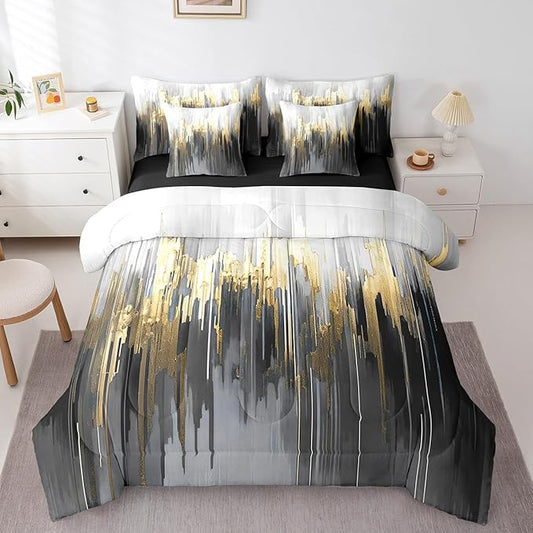 Black Grey Twin Comforter Set 7 Pieces Greyish White Painting Bedding Comforter Sets, Gradient Abstract Chic Vintage Bed in a Bag Ombre Graffiti Bedding Set, Contemporary Modern Bed Sheets Set