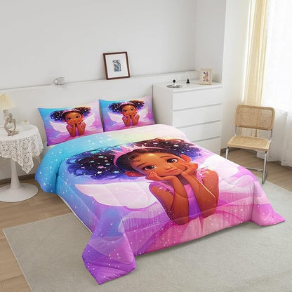 Manfei Black Little Girl Comforter Set King Size, Cute Girl Princess with Wings Down Comforter, Blue Purple Pink Galaxy Bedding Set for Kids Room Decor, Reversible Duvet Insert,2 Pillowcases