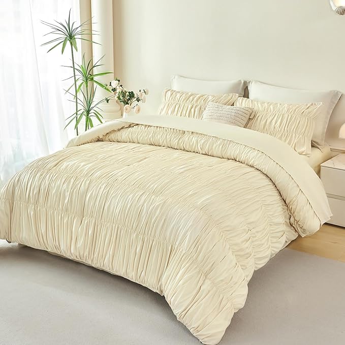 PERFEMET Beige Ruched Comforter Set King Size, 5 Pieces Boho Ruffle Bed in a Bag with Sheets, Soft Fluffy Pleated Texture Bedding Set All Season Lightweight Shabby Chic Bed Set(Beige, King)