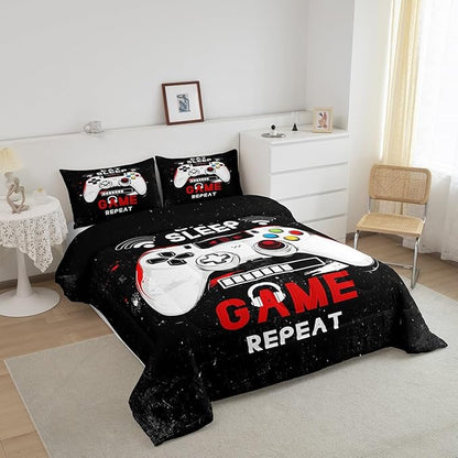 jejeloiu Eat Sleep Game Bedding Set Toddle Size Cartoon Gamer Comforter Set for Kids Boys Girls Modern Game Duvet Set Black Red Quilt Set 2Pcs