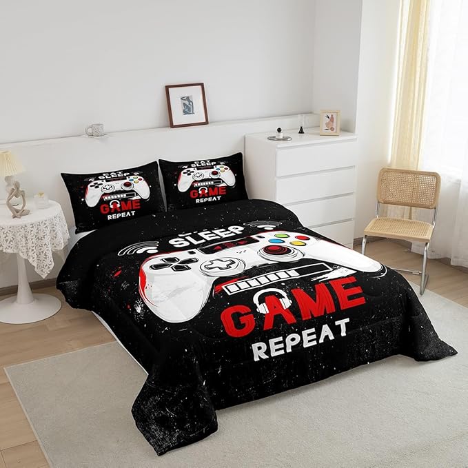 jejeloiu Eat Sleep Game Bedding Set King Size Cartoon Gamer Comforter Set for Kids Boys Girls Modern Game Duvet Set Black Red Quilt Set 3Pcs