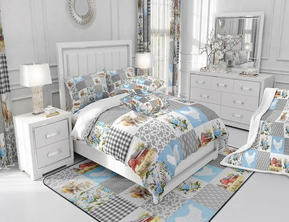 Farmhouse Plaid Comforter Set Queen Size,Highland Cattle Chicken Animals Bedding Set for Women Adult,Blue Floral Geometric Patchwork Luxury Bed Duvet Insert, 2 Pillowcases
