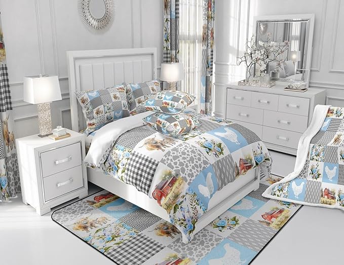 Farmhouse Plaid Full Size Comforter Set,Highland Cattle Chicken Animals Bedding Comforters Bedroom Collection,Blue Floral Geometric Patchwork Bedding Set for Girls Teens