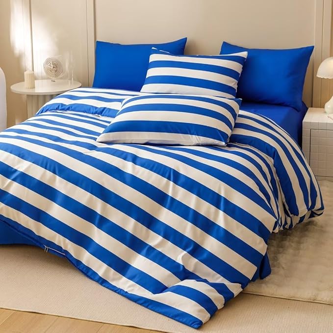 CLOTHKNOW Striped Comforter Set California King 3Pcs Blue White Bedding Comforter Sets Blue White Stripes Comforter Blue Comforter Sets