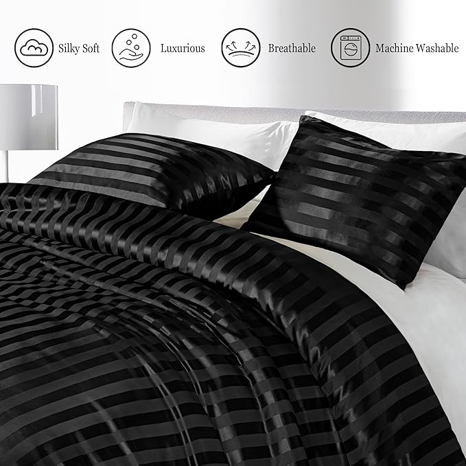 Whale Flotilla 3-Piece Reversible Silky Soft Queen Comforter Set, Luxury Stripe Satin Comforters Full Size Bedding Set with 2 Satin Pillowcases, Lightweight Duvet for All Seasons, Black