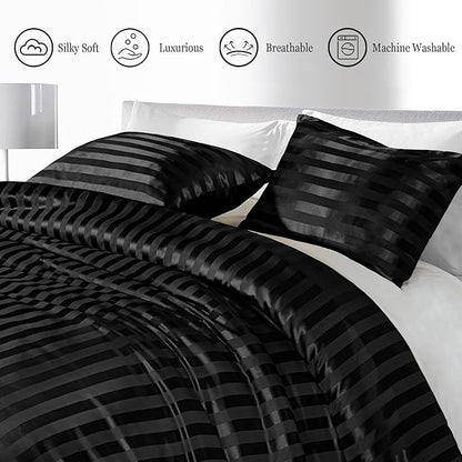 Whale Flotilla 2-Piece Reversible Silky Soft Twin Size Comforter Set, Luxury Stripe Satin Comforter Bedding Set with Satin Pillowcase, Lightweight Duvet for All Seasons, Black