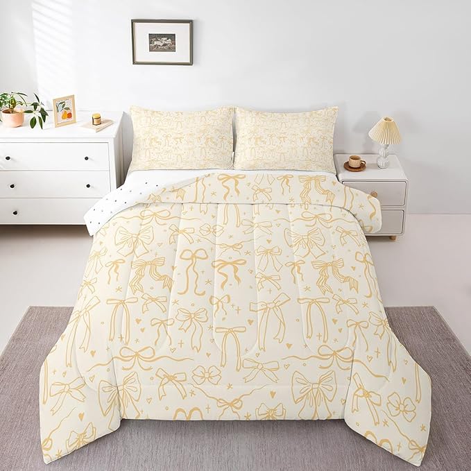 Castle Fairy Bowknot Kids Comforter Set Twin Size,Cartoon Bow Tie Butterfly Knot Quilt Set for Girls Boys Woman,Princess Girls Bedding Set,Bow Stars Love Yellow Girly Duvet Insert,1 Pillowcase