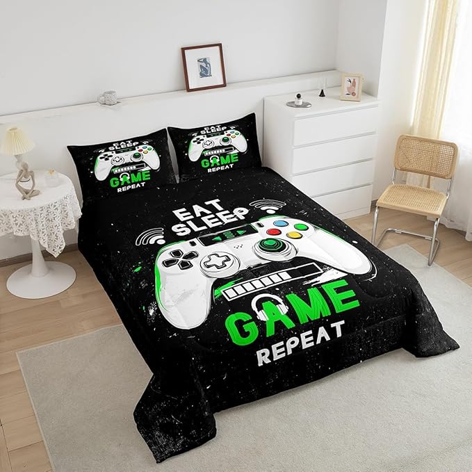 jejeloiu Eat Sleep Game Bedding Set King Size Cartoon Gamer Comforter Set for Kids Boys Girls Modern Game Duvet Set Black Green Quilt Set 3Pcs
