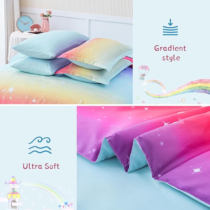 Drucon Girls Comforter Set Twin, 6 Pieces Bed in A Bag Gradient Colorful Pink Blue Ombre Glitter Bedding Set (1 Comforter, 1 Flat Sheet, 1 Fitted Sheet, 1 Pillow sham, 2 Pillowcases)