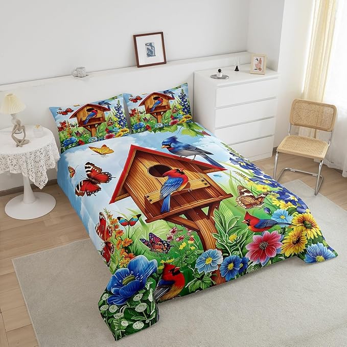 Erosebridal Cardinal Hummingbird Comforter King,Spring Garden Style Floral Comforter Set Rustic Butterfly Botanical Flower Bedding Set Country Farmhouse Bed Set Pastoral Nature Home Decor