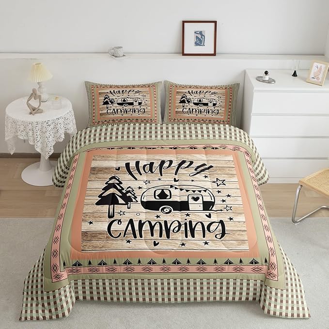 Feelyou Camper Comforter Set Full Size Kids Happy Camping Comforter for Boys Southwestern Camper Accessories for Travel Trailers Wood Grain Vinatge Bedding Set Orange Tree Duvet Set