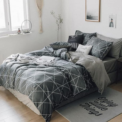 mixinni Queen Size Comforter Set Soft Geometric Grey Geometric Checkered Plaid Printed Bedding Comforter for Men Boys, 1 Soft Microfiber Reversible Comforter with 2 Pillowcases for All Seasons