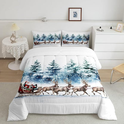 Santa Claus Comforter Set Queen Size,Elk Sledge Bedding Set 3Pcs for Kids Boys Girls Teens Room Decor,Pine Tree Jungle Quilt Set Winter Snowflake Blue White Duvet Insert,2 Pillowcases