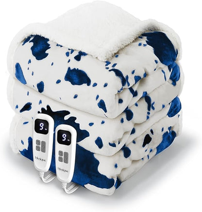 Cow Print Electric Heated Blanket Queen-Dual Control Heating Blanket Queen Size with 10 Heat Levels & 10 Hours Auto-Off, Cozy Soft Fleece Sherpa, Washable, 84x90 Inche Cow Print Blue