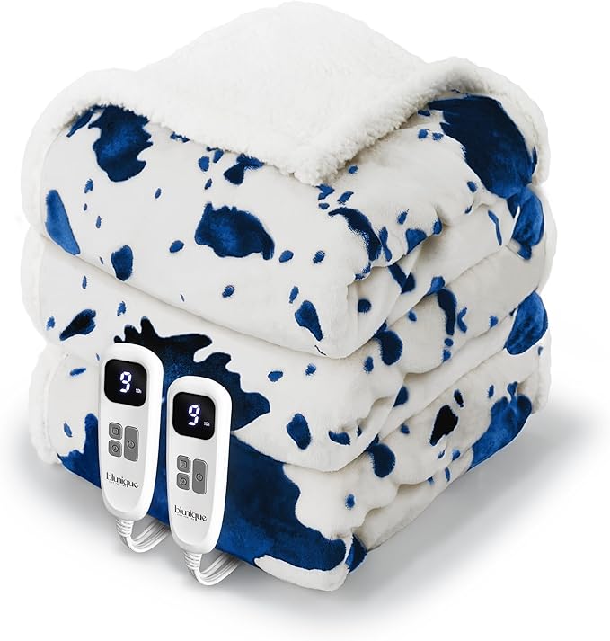Cow Print Heated Electric Blanket King Size-Dual Control Heating Blanket King Size with 10 Heat Levels & 10 Hours Auto-Off, Cozy Soft Fleece Sherpa, Washable, 90x100 Inche Cow Print Blue