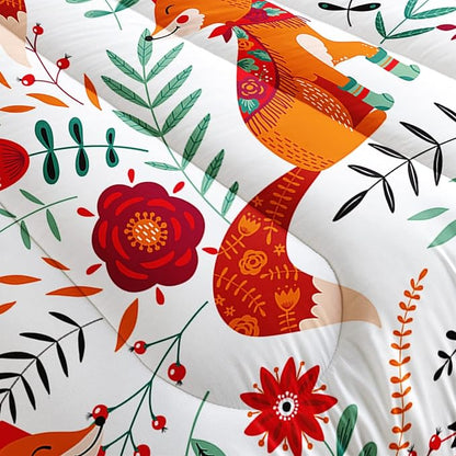 Cartoon Fox Comforter Set 3-Pieces Cute Fox Bedding Set Plants Leaves Printed Quilt Set for Kids Boys Girls with 2 Pillowcases Full