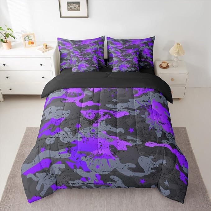 Erosebridal Ombre Camo King Comforter Set Watercolor 7-Piece Bed in A Bag Stars Retro Camouflage Grunge Ink Splash Sheets and Pillowcases Grey Purple Bed Sets