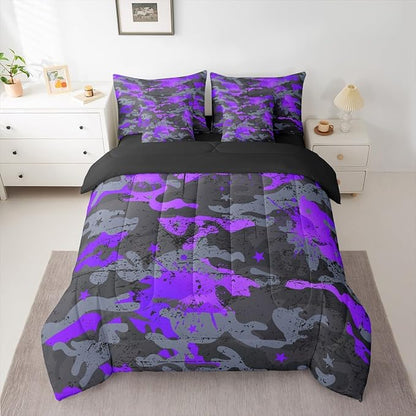 Erosebridal Ombre Camo King Comforter Set Watercolor 7-Piece Bed in A Bag Stars Retro Camouflage Grunge Ink Splash Sheets and Pillowcases Grey Purple Bed Sets