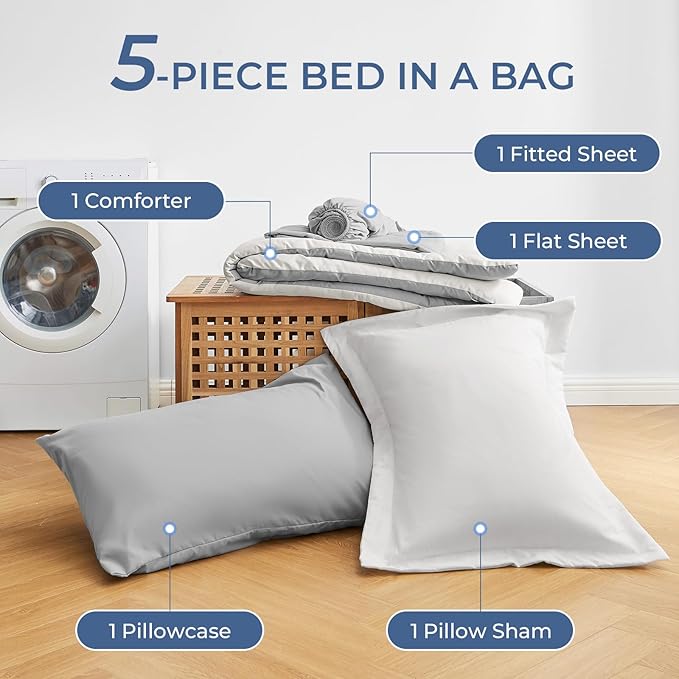 Sasttie Twin Comforter Set, 5 Pieces Reversible Bed in a Bag Twin, Complete Bedding Set Includes Comforter, Flat Sheet, Fitted Sheet, Pillowcase and Pillow Sham, Ivory & Light Grey