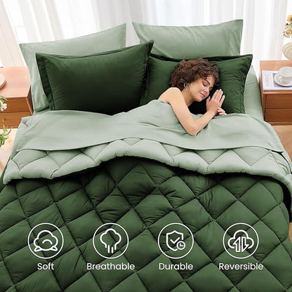 MUXHOMO 7 Pieces California King Comforter Set, Reversible Bed in a Bag Cal King Size, All Season Bedding Set with Comforter, Flat Sheet, Fitted Sheet, Pillowcases & Shams, Dark Green & Light Green