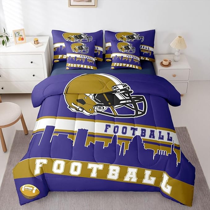 Erosebridal Football City 7 Pcs Comforter Set Queen Football Bedding for Kids Purple Rugby Game Sheet Set Bed in A Bag Football Fans Bedroom Decor Sports Ball Competition Bed Set