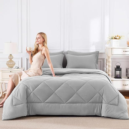 CozyLux Full Size Comforter Sets Light Grey - 7 Pieces Bed in a Bag Full, Luxury Soft Bed Set for All Seasons, Bedding Set with Down Alternative Comforter, Sheets, Pillowcases & Shams