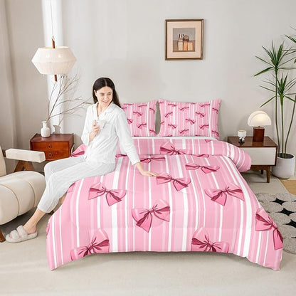 Erosebridal Pink Bowknot Bedding Set for Girls Bedroom, Dreamy Princess Full Size Comforter Set, Cute Bow Girly Down Comforter, Kawaii Stripes Quilt,Lightweight Bedroom Decor