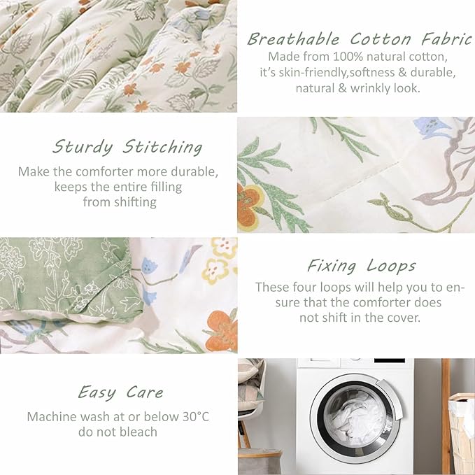 Natural Cotton 2pcs Botanical Comforter Sets Twin Size-Green Comforter with Red & Blue Flowers,Gray Leaves on Off-White, Reversible Lightweight Bedding Sets(Twin 68"×90")