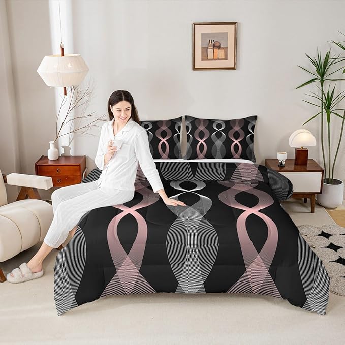 Erosebridal Pink and Black Twin Bedding Set for Girls, Boho Pink Striped Abstract Comforter Set, Contemporary Aesthetic Ombre Line Comforter for Women Teens Bedroom, Modern Geometric Stripes Quilt