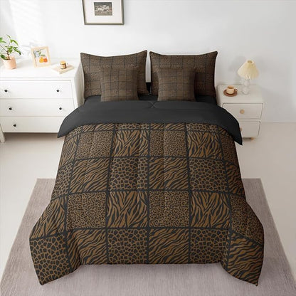 Safari Animals Fur Print Comforter Sets Full 7 Pcs,Wildlife Zebra Skin Kids Bedding Set,Jungle Animal Brown Duvet Set with Comforter,Flat Sheet,Fitted Sheet,Pillowcases and Pillow Covers,Reversible