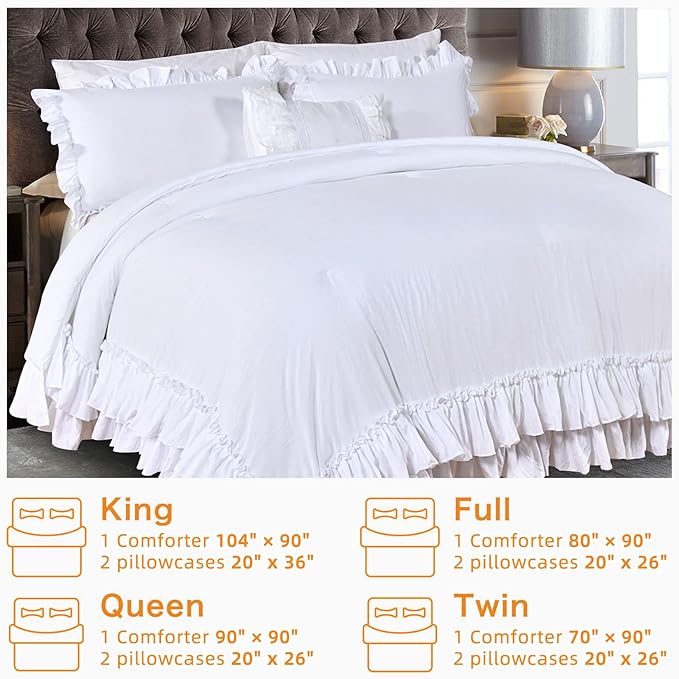 Masaca White Ruffle Comforter Full Size,Farmhouse Shabby Boho Chic Bedding Sets Full,3PCS Vintage Rustic Soft Microfiber Ruffled Bedding Comforter Set