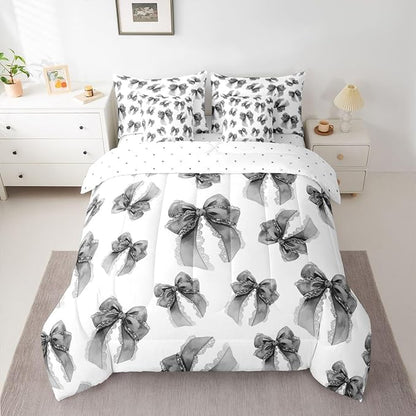 Erosebridal Bowknot Girls Kawaii Black 7 Piece Bedding Set Twin | Dreamy Comforter Set with Sheets Cute Bow Bed in A Bag Lace Princess Bed Sets
