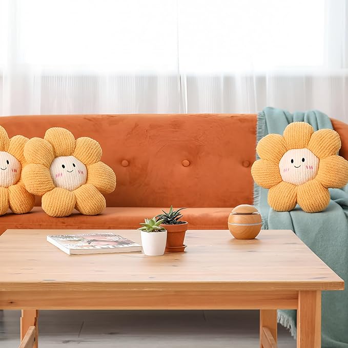 2 Pcs Smile Face Flower Pillows 15" Yellow Flower Throw Pillows Decorative Daisy Floor Seating Cushion Aesthetic Cute Seat Cushion for Bed Sofa Couch Home Decor Bedroom Living Room Chair