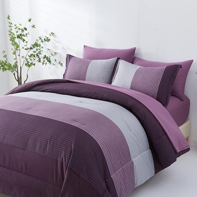 Anibedding Purple Comforter Set Queen 7 Pieces Purple Striped Bed in a Bag, Boho Patchwork All Season Comforter with Sheets, Soft Microfiber Reversible Bedding Set(90"x90")