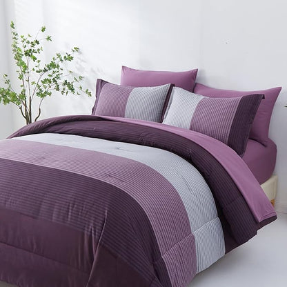 Anibedding Purple Comforter Set Queen 7 Pieces Purple Striped Bed in a Bag, Boho Patchwork All Season Comforter with Sheets, Soft Microfiber Reversible Bedding Set(90"x90")