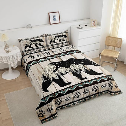 Feelyou Bear Bedding Set Wild Animal Hunt Comforter Set for Kids Boys Girls Boho Southwestern Comforter Rustic Wood Print Quilt Set Room 2Pcs Toddler Size