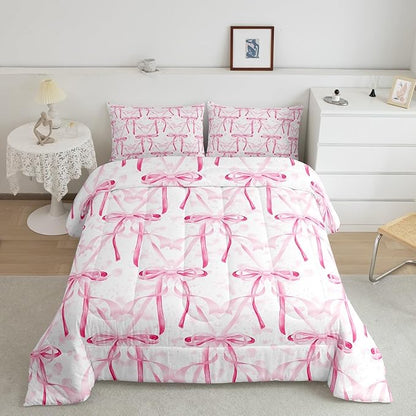 Feelyou Pink Girls Bow Comforter Set King Size Cute Bowknot Bedding Set Bow Comforter Kawaii Duvet Set Bow and Stripes Quilt Set 3Pcs