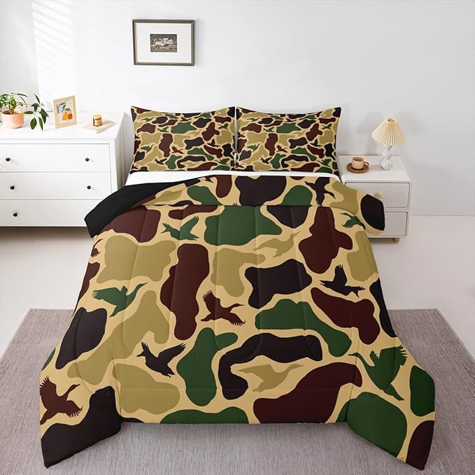 Erosebridal Camouflage Military Comforter Set Toddler Size Duck Hunting Bedding Set for Adults Teens Farmhouse Woodland Comforter Camo Huner Quilt Bedroom Decor