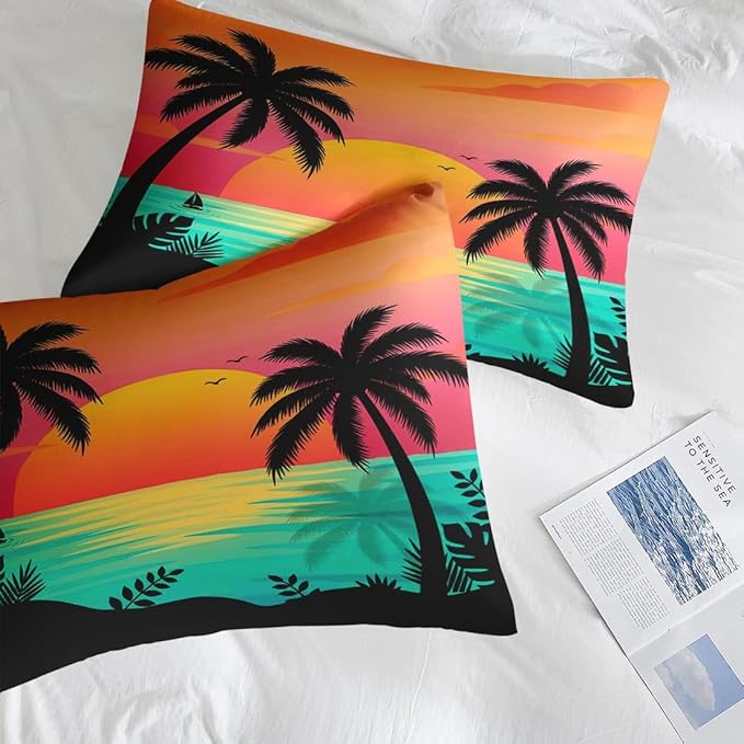Comforter Set King Size, Beach Sunset Palm Tree 7 Pcs Bedding for Kids and Adults, Colorful Retro Tropical Bed Sheet Sets with Fitted Sheet 2 Pillowcases & 2 Shams for Bedroom Bed Decor