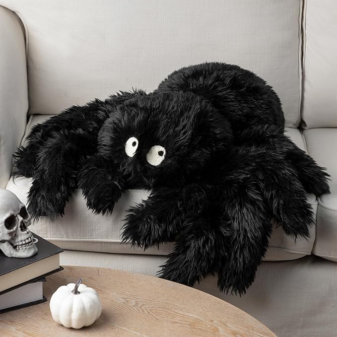 Phantoscope Happy Halloween Spider Shaped Throw Pillow, Faux Fur Fluffy Tarantula Shaped Halloween Cushion Pillow, Black, 9 x 16 inch