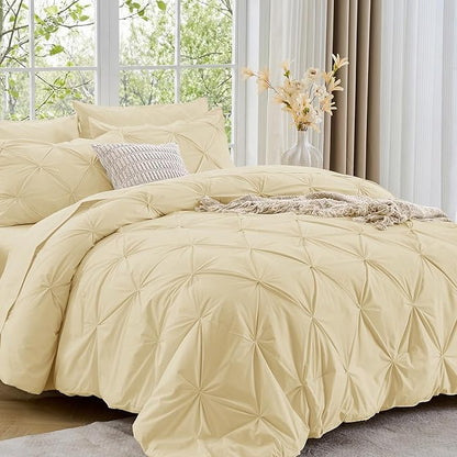 Sasttie King Size Comforter Set, 7-Piece Bed in a Bag, Pintuck Bedding Set for All Season, Includes Comforter, Flat Sheet, Fitted Sheet, Pillowcases and Pillowshams, Pale Yellow