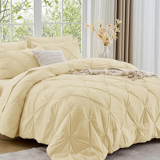 Sasttie King Size Comforter Set, 7-Piece Bed in a Bag, Pintuck Bedding Set for All Season, Includes Comforter, Flat Sheet, Fitted Sheet, Pillowcases and Pillowshams, Pale Yellow