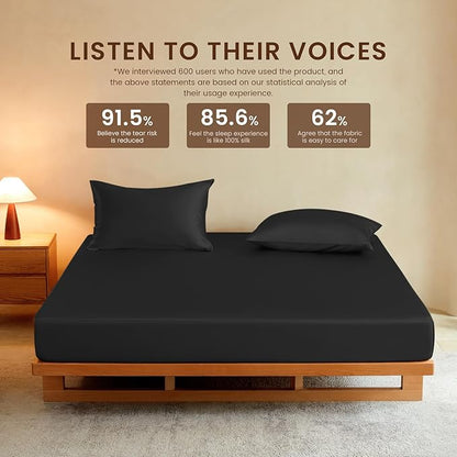 THXSILK Luxury Mulberry Silk Fitted Sheet Set 3 Pcs, Queen Silk Bed Sheet Set with 16" Deep Pockets, Soft & Cooling Sheets, 1 Fitted Sheet, 2 Pillowcases with Zipper Closure - Black