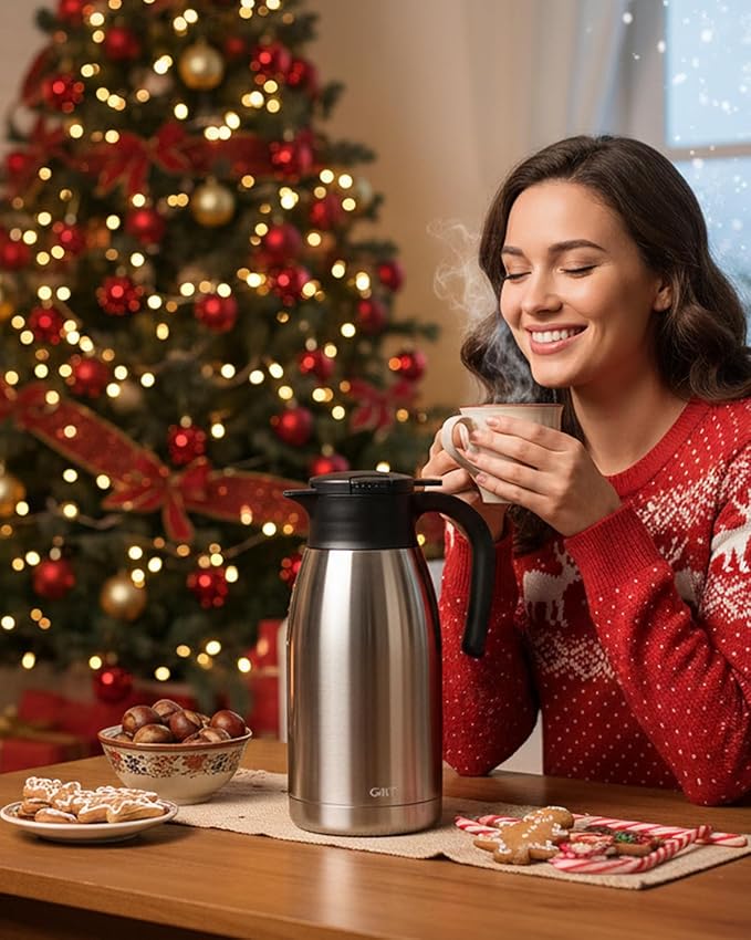 GiNT 64Oz Thermal Coffee Carafe, Insulated Stainless Steel Coffee Carafes for Keeping Hot/Double Walled Vacuum Thermal Carafe (Silver, 1.9L)