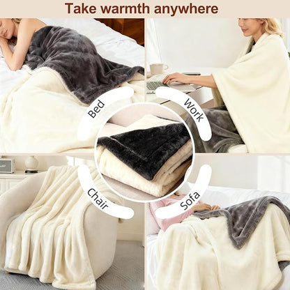Electric Heated Blanket Throw 50" x 60" Soft Dual-Sided Flannel Fast Heating 12 Heat Levels 1–12H Timer & Overheat Protection & Auto Shut-Off & Machine Washable (Milky White & Gray)