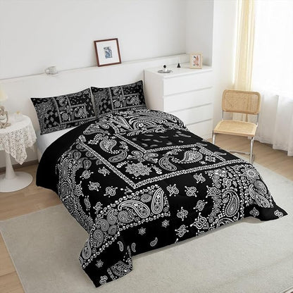 Manfei Paisley Comforter Set Queen Size, Boho Style Jacquard Paisley Flower Bedding Set 3pcs, Black and White Floral Print Down Comforter, Kids Teens Women Room Decor, 2 Pillowcases, No Sheets