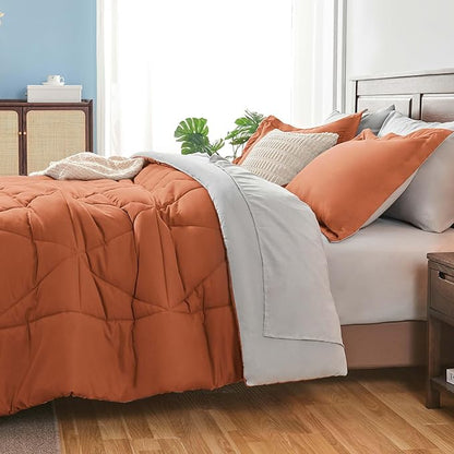 BEDELITE King Size Comforter Set 7 Pieces Bed in A Bag - Soft Microfiber Reversible Burnt Orange Bed Set with Comforters, Sheets, Pillowcases & Shams, Cozy Luxury Bedding Sets for All Season